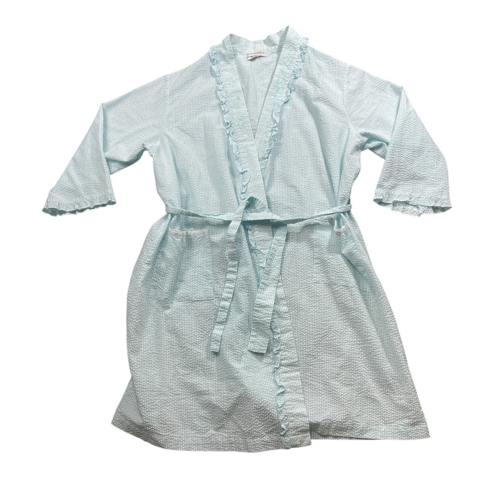 Miss Elaine XL Blue White Ruffled‎ Wrap Tie Robe Pockets Cotton Polyester - Pict